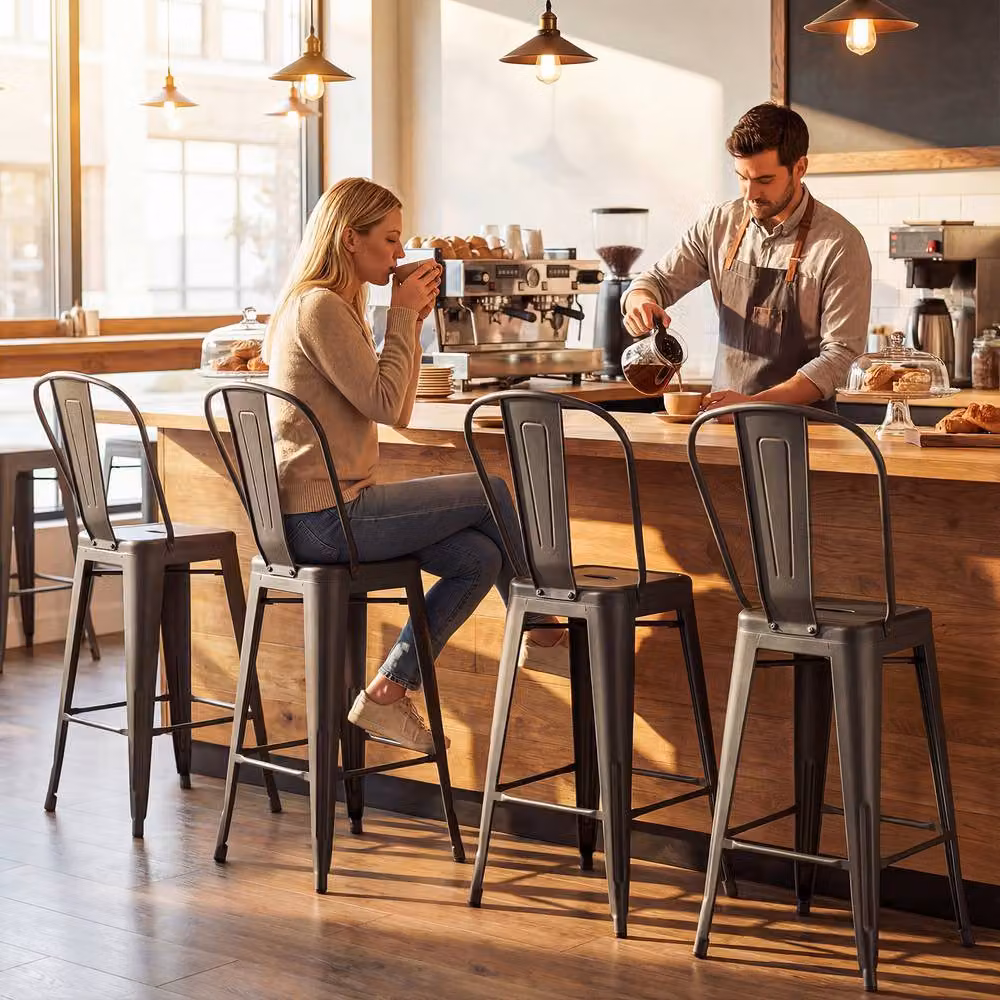 Costway Modern Grey Metal Counter Height Barstools with Backrests and Footrests – 5