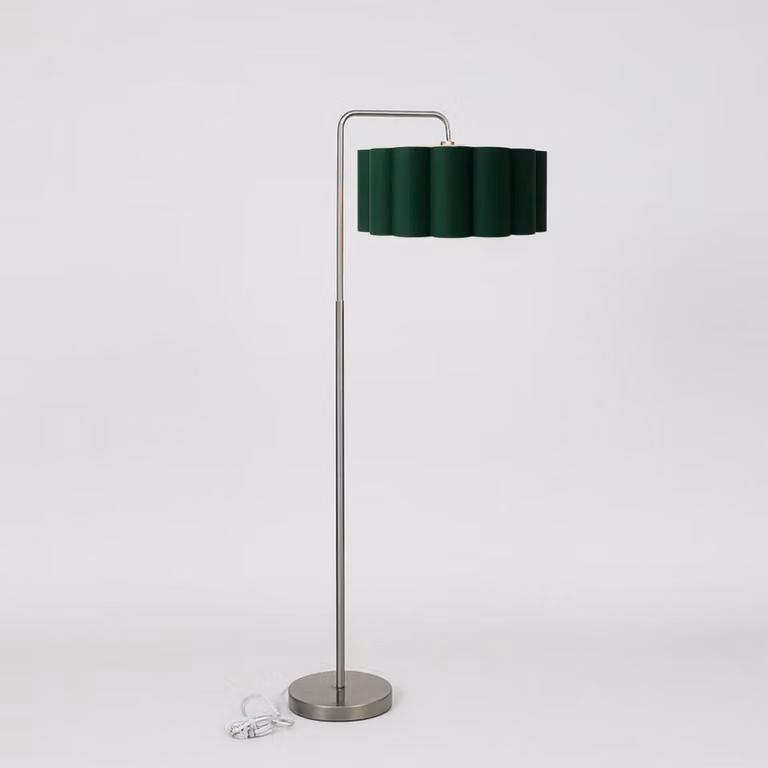 CGC Lighting Kyra Brushed Nickel Angled Floor Lamp with Large Scalloped Lampshade in Metallic Silver