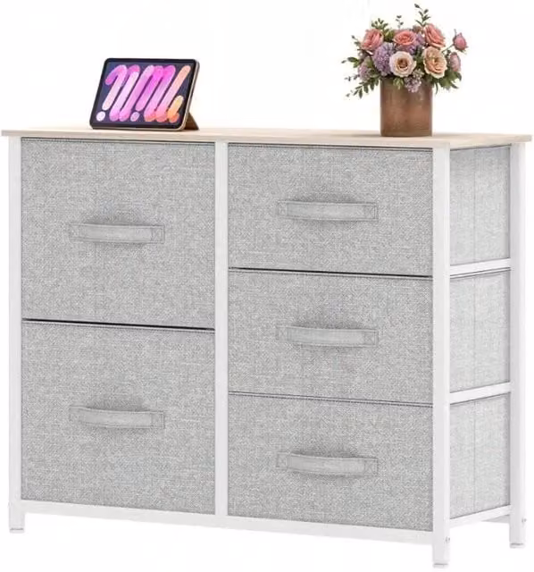 VOGREX Grey 5 Fabric Drawer Storage Chest with Steel Frame and Wood Top – 1