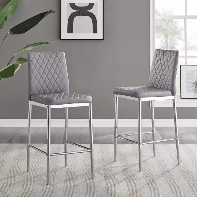FurnitureboxUK Set of 2 Milan Hatched Faux Leather Padded Counter Stools with Silver Chrome Metal Legs in Grey