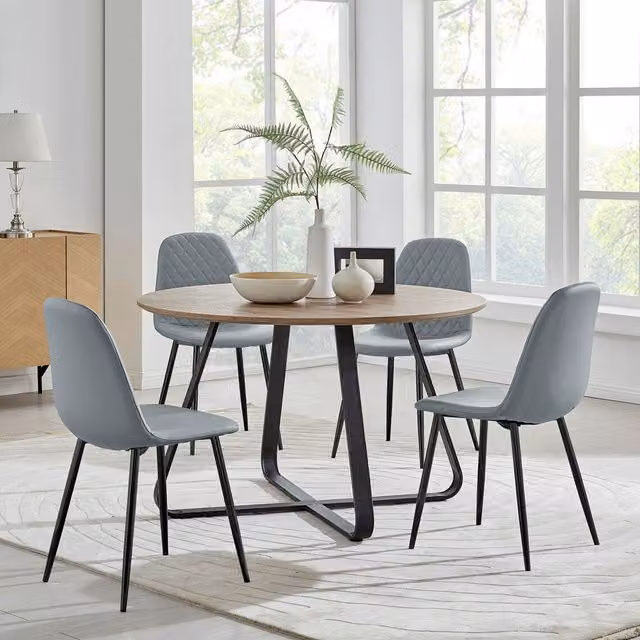 FurnitureboxUK Santorini Brown Round Dining Table and 4 Corona Black Leg Chairs in Grey, Diameter: 120 cm