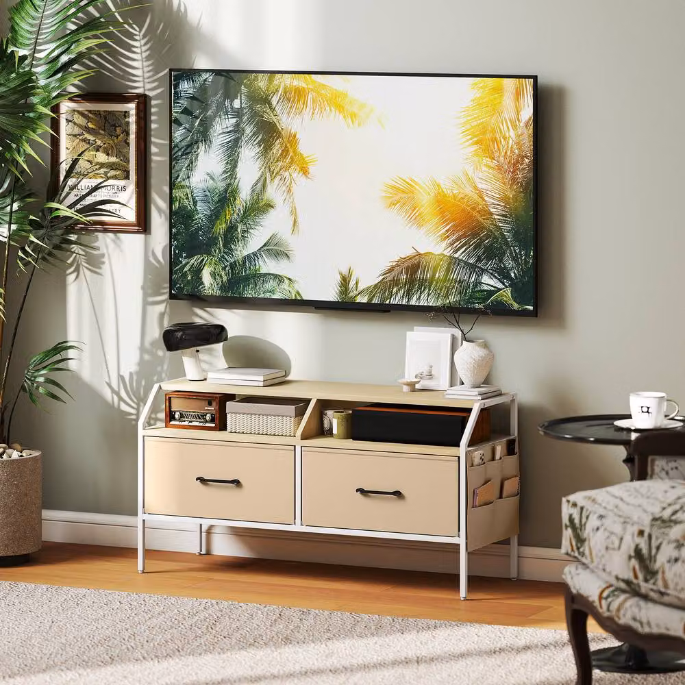 STILVORA Industrial TV Unit with 2 Drawers and Side Pockets in Beige Matt Finish – 2