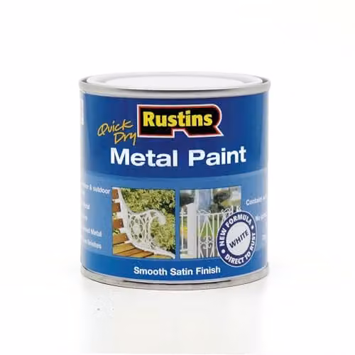 Rustins Quick Drying Water Based Satin Metal Paint, White, 250ml