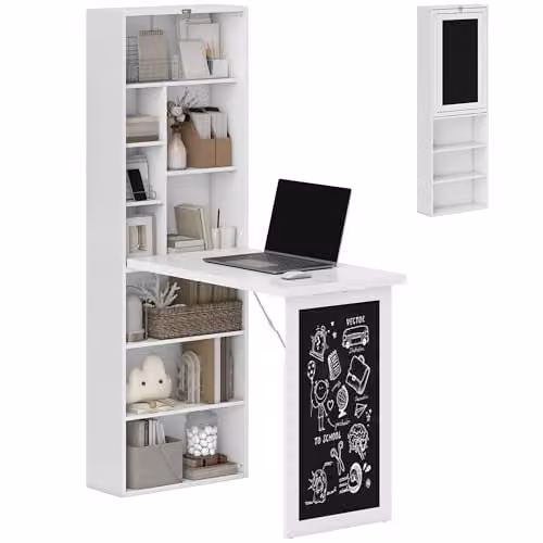 HOMCOM Wall Mounted Folding Computer Desk with Blackboard, White, W: 98 cm, D: 51 cm, H: 60 cm