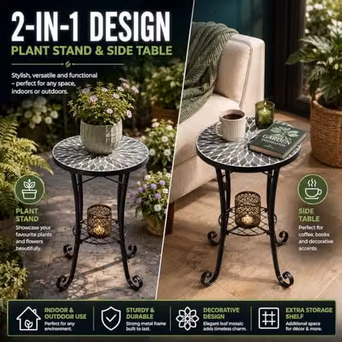 SHATCHI Multicolour Mosaic Round Side Table and Plant Stand with Ceramic Tile Top and Metal Shelf, Diameter: 35 cm – 3
