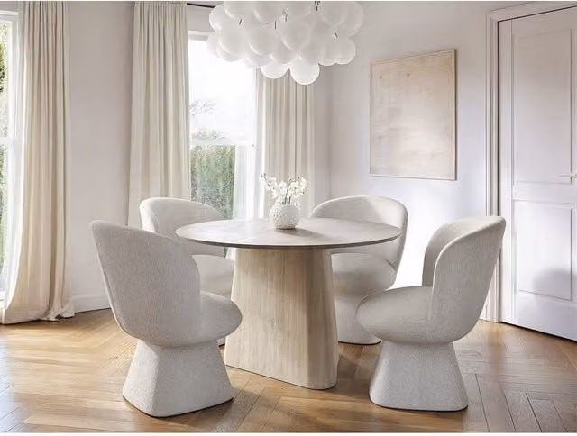 Solace+Co Elin Round Ceramic Dining Table and Aiko Chairs Set in Stone, W/D/H: 120 x 120 x 75 cm
