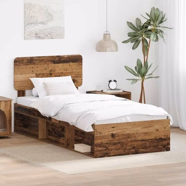 Berkfield Home Bed Frame with Headboard in Old Wood Brown, Solid Pine and MDF, W/D/H: 90 x 200 cm