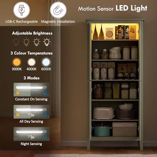 HOMCOM Tall Kitchen Cupboard Pantry with Motion Sensor LED Light, Green, H 176.5 x W 80 x D 40 cm – 3