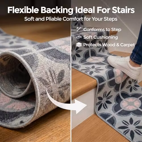 Bravich Floral Tile Hallway Runner in Pink and Grey, W: 60 cm, L: 360 cm – 4