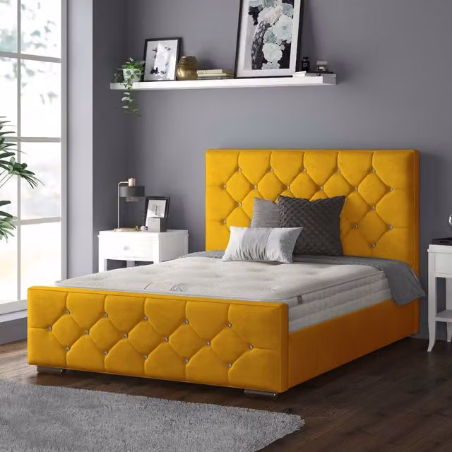 IH Design Belle Chesterfield Upholstered Plush Velvet Bed Frame in Yellow, W/D/H: 180 x 200 cm
