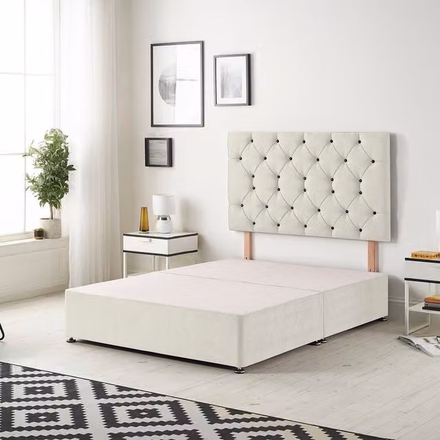 Somnior Beds Ltd Ivory Velvet Upholstered Divan Bed Base with Drawers W/D/H: 200 x 200 x 34.5 cm