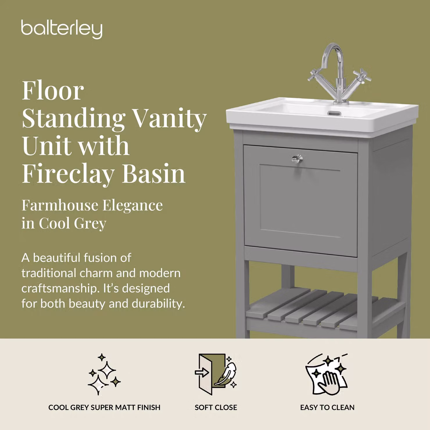 Balterley Bathroom Floor Vanity Unit with 1 Drawer and 1 Tap Hole Basin, Cool Grey, W: 53.1 cm – 2