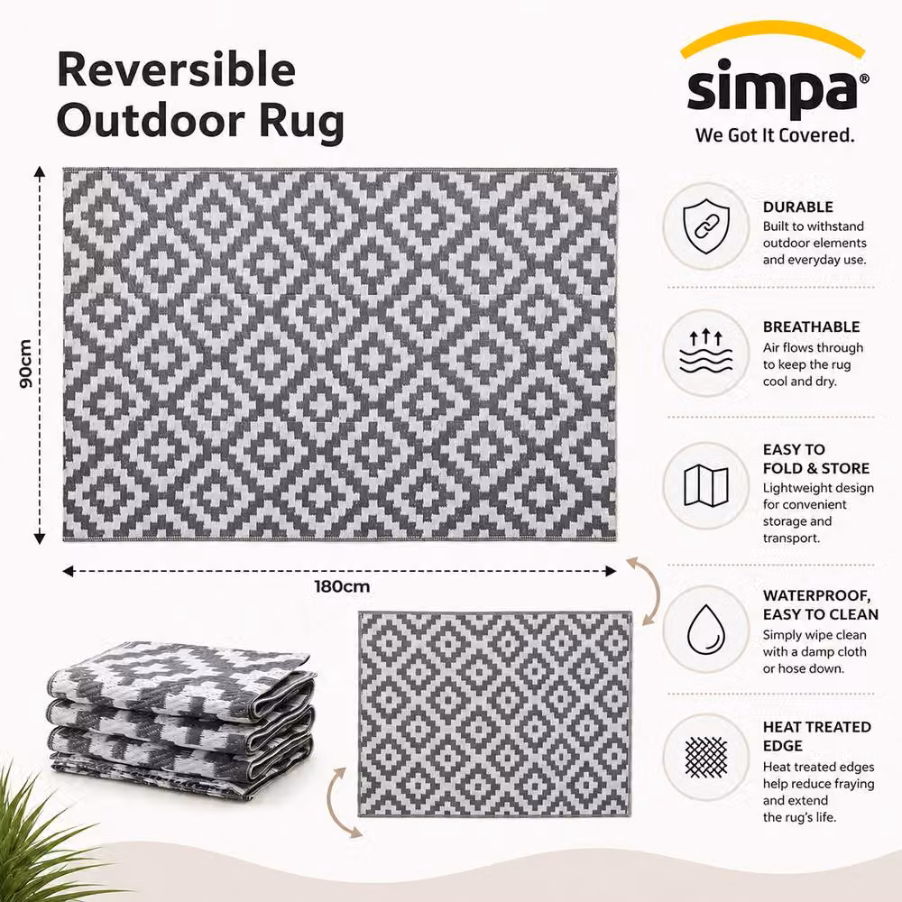 Simpa Geometric Outdoor Reversible UV Resistant Rug in Grey, W: 120 cm, D: 180 cm – 6