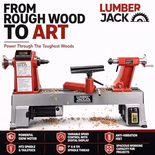 Lumberjack 550W Variable Speed Benchtop Mini Wood Lathe Machine in Red – 4