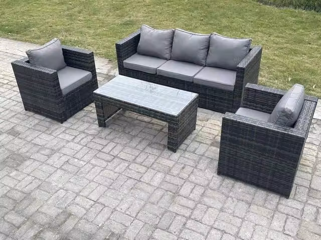 Fimous Lounge Rattan Garden Furniture Set in Dark Grey with 2 Chairs and Rectangular Coffee Table – 1