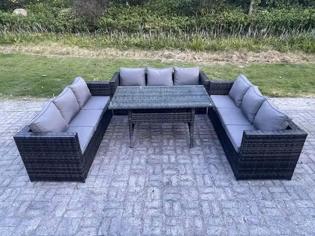 Fimous 9 Seater Outdoor Rattan Garden Furniture Set with Rectangular Dining Table in Dark Grey