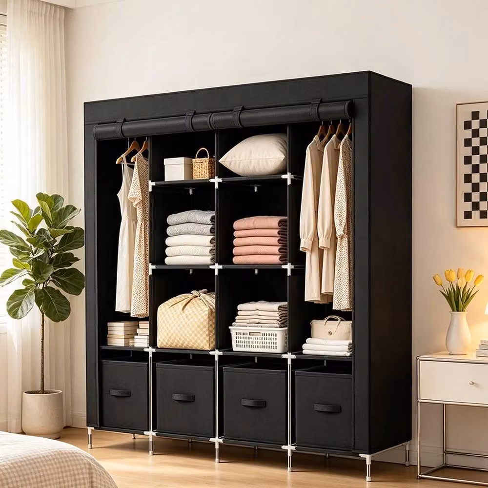 FORGEVIO Black Fabric Canvas Wardrobe with Hanging Rail and Integrated Drawers – 3