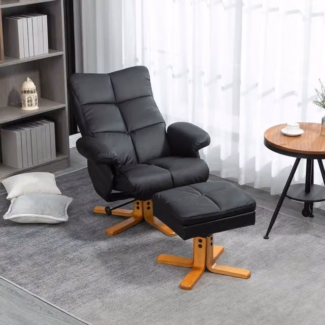HOMCOM Swivel Recliner Chair with Ottoman in Black Synthetic Leather and Solid Wood Frame