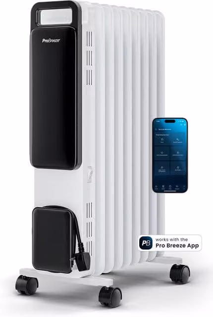 Pro Breeze 2500W 11-Fin Oil Filled Radiator with Digital Display and Smart App Control, White