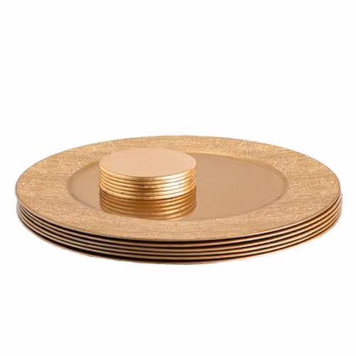 Argon Tableware 12-Piece Gold Ribbed Round Charger Plate Set in Melamine Plastic, Diameter: 33 cm