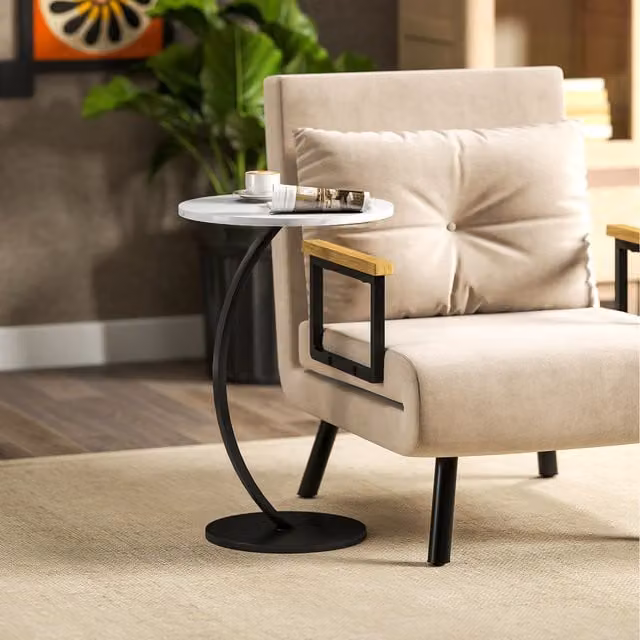 HOMCOM C-Shaped Round Side Table and Bedside Table with Marble Effect Top in White and Black