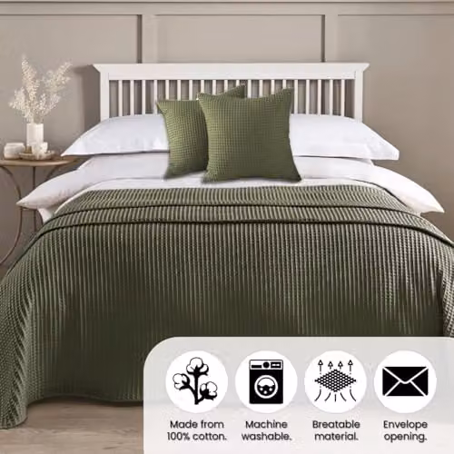 Allure Bath Fashions Waffle Cushion Covers 2 Pack, 100% Cotton, Khaki Green, W/D/H: 50 x 50 x 50 cm – 2