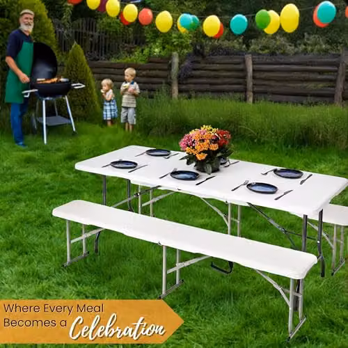 NOVECRAFTO White Folding Table and Bench Set with HDPE Plastic and Steel Frame – 3