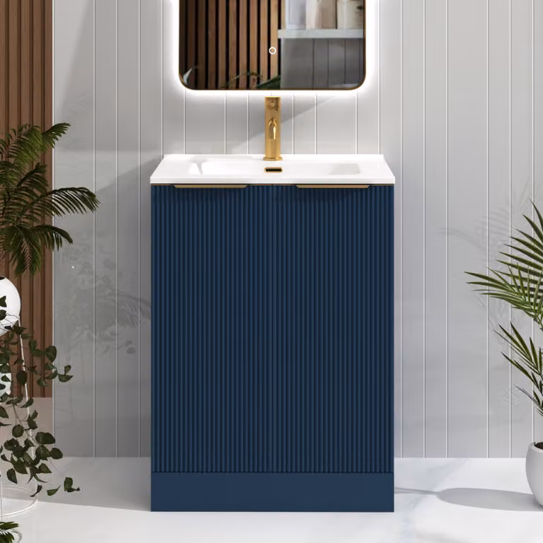 Royal Bathrooms Evora 600mm Midnight Blue Fluted Floor Standing 2 Door Vanity Unit with Ceramic Basin and Brushed Brass Handles
