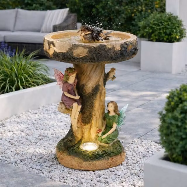 Gardenwize Solar Fairy Birdbath with LED Light Decorative Garden Feature, Brown – 1