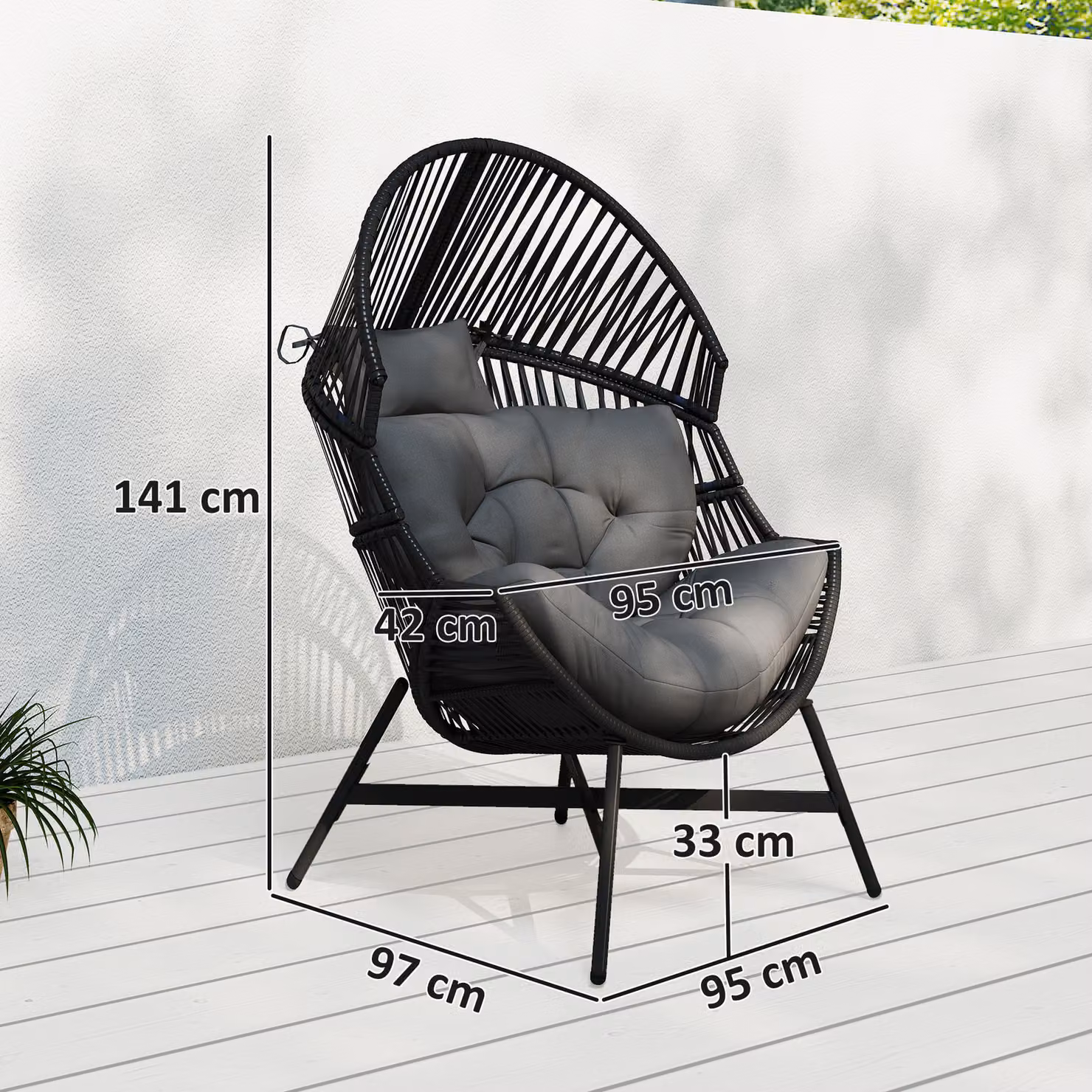 Outsunny Standing Rattan Egg Chair for Garden with Thick Cushions and Headrest, Charcoal Grey – 3