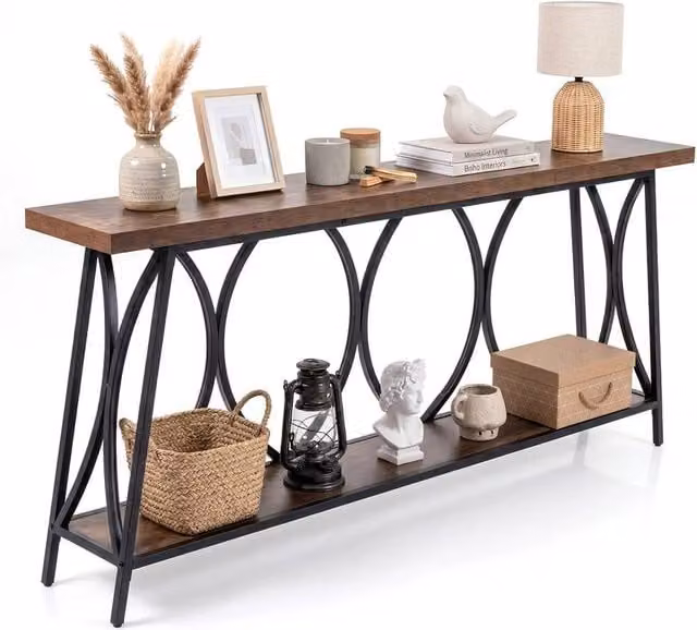 Havendro Industrial Brown Sofa Table with Storage and X-Frame Metal Design, W/D/H: 180 x 29.5 x 80 cm