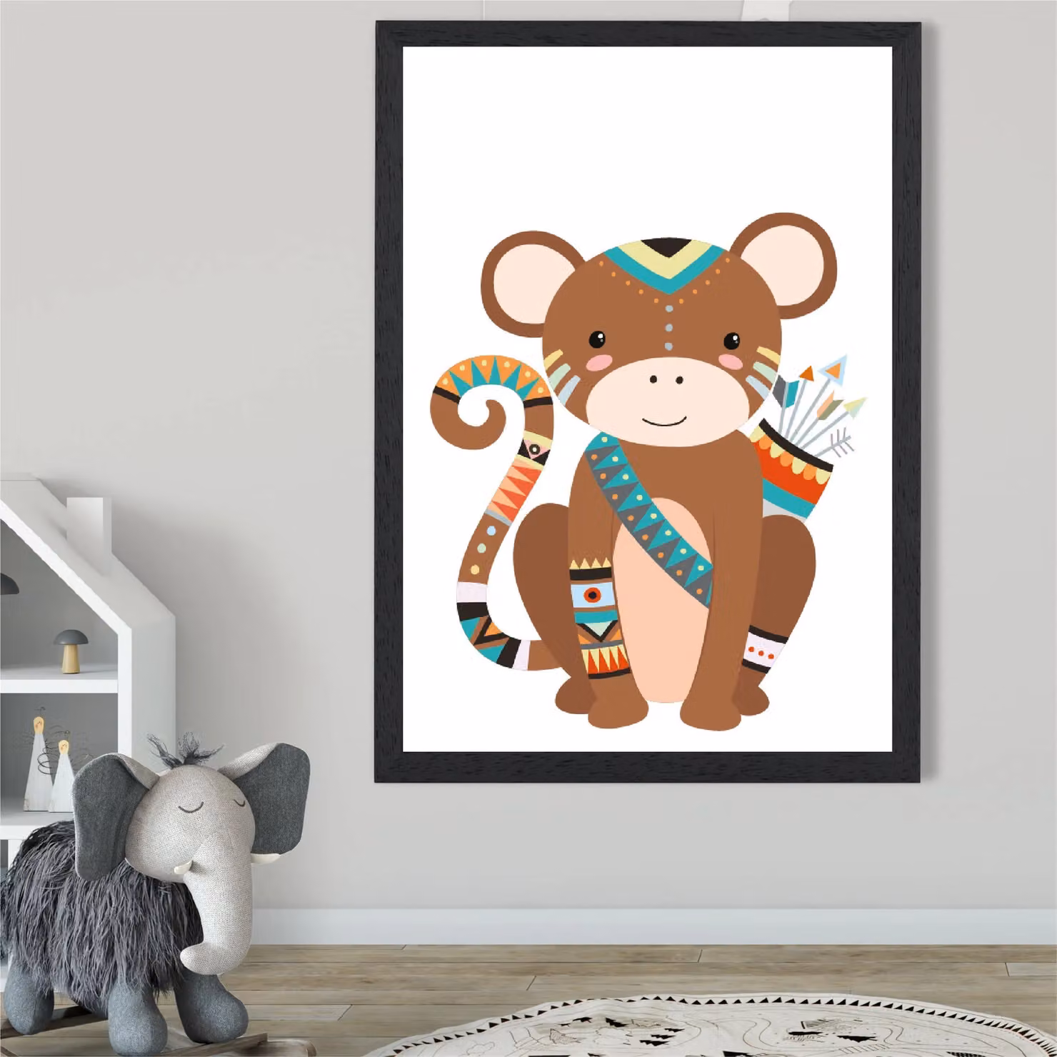 ARTZE Monkey Tribal Animal Framed Print, Brown and Black, A3 – 2