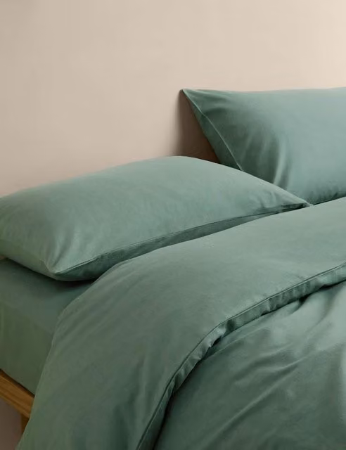 M&S Pure Cotton Brushed Flannelette Bedding Set in Smokey Green, W: 90 cm x L: 190 cm