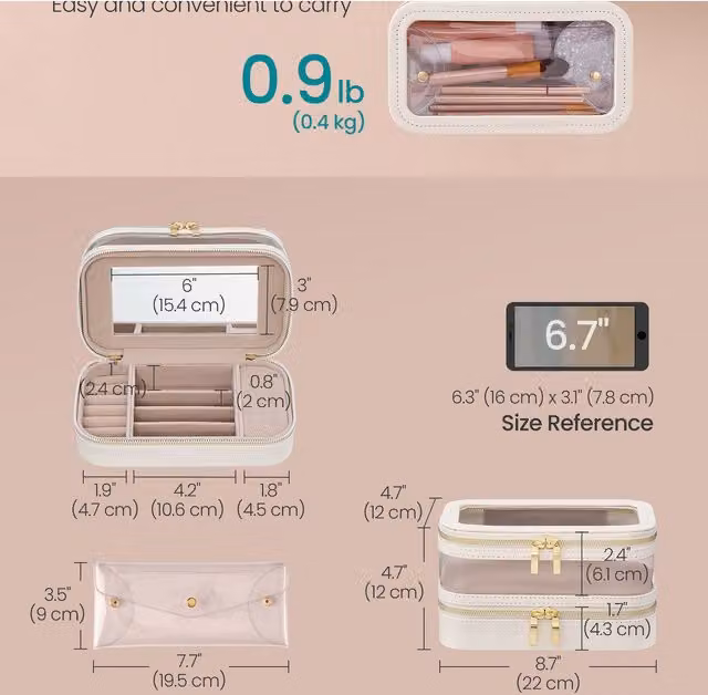 SONGMICS Travel Jewellery Organiser and Makeup Bag in White