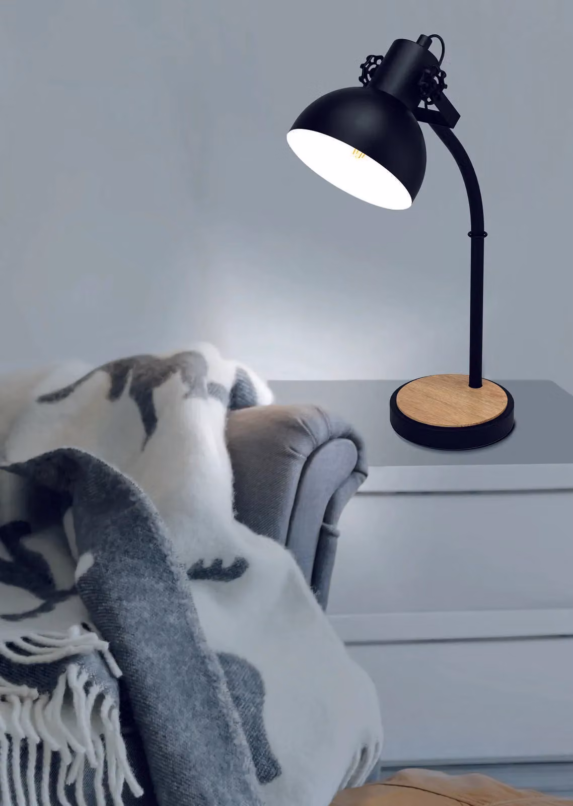 Loops Curved Table Lamp in Black Steel and Wood with E27 Bulb – 2