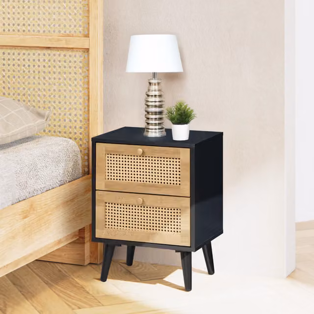 Swish Furniture Manila Rattan 2 Drawer Bedside Table in Black