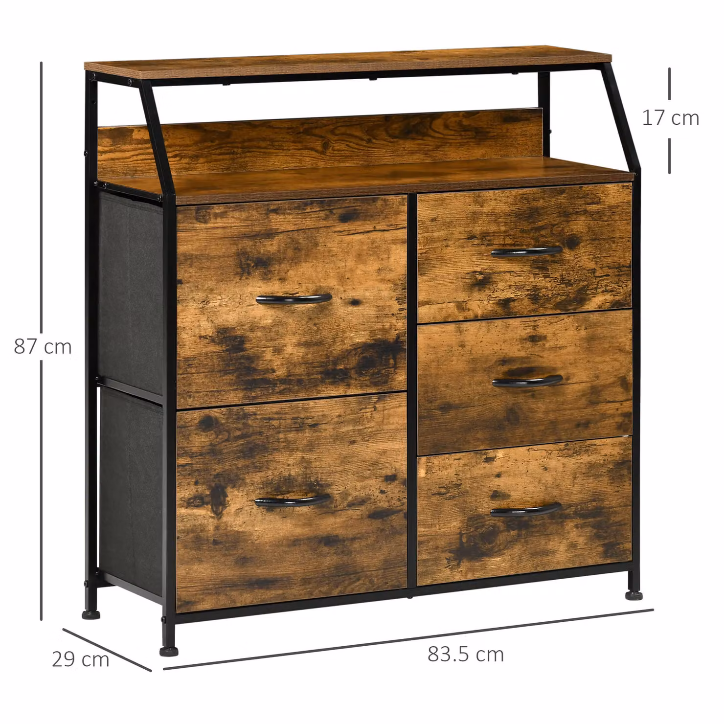 HOMCOM Industrial 5-Drawer Chest of Drawers with Open Shelf in Rustic Brown and Black – 3