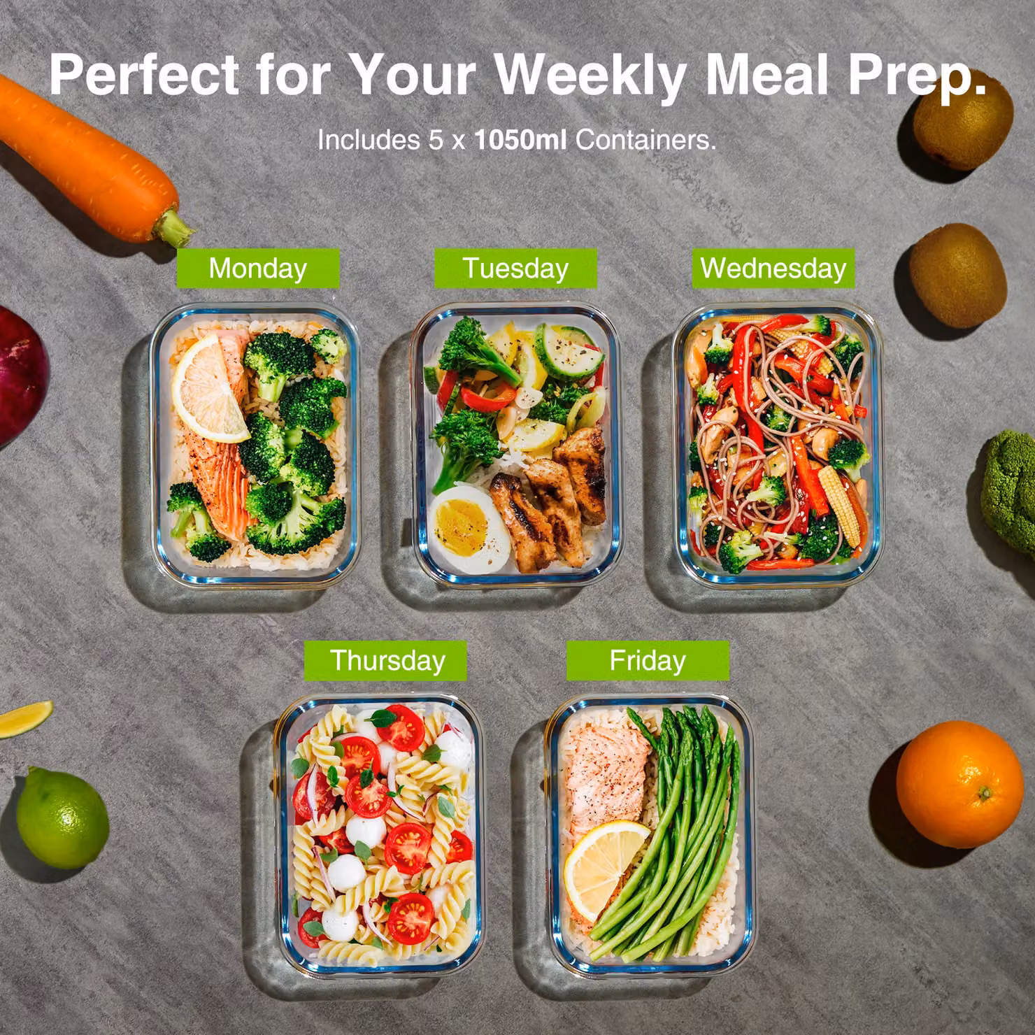 VonShef 5 Piece Airtight Glass Meal Prep Lunch Boxes with Snap Lids, 1.05 l Capacity, Transparent – 3