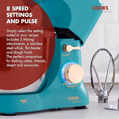 Cooks Professional Stand Mixer 1000W with 8 Speeds, Pulse Function and 4.5L Stainless Steel Mixing Bowl in Petrol – 9
