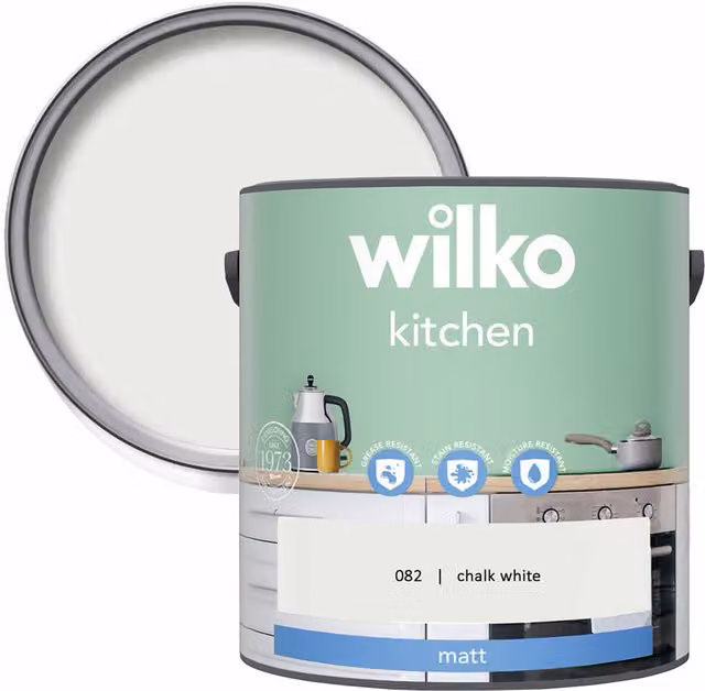 wilko Kitchen Matt Emulsion Paint, White, 2.5 l