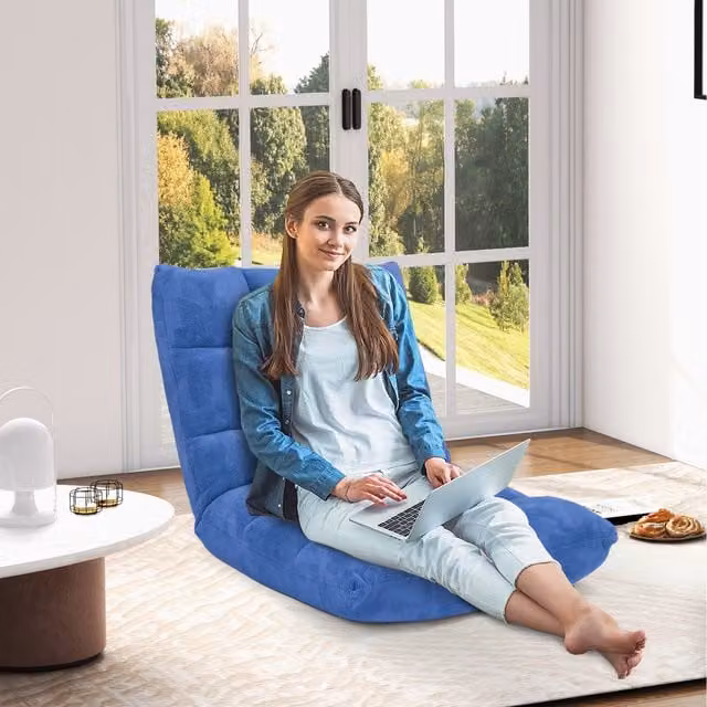 Costway 14 Position Adjustable Velvet Floor Chair in Blue