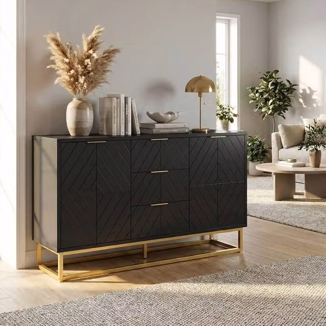 HOMCOM Modern Sideboard Storage Cabinet with Adjustable Shelves in Black and Gold