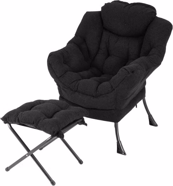 Costway Modern Upholstered Lazy Accent Chair with Ottoman and Side Pocket in Black