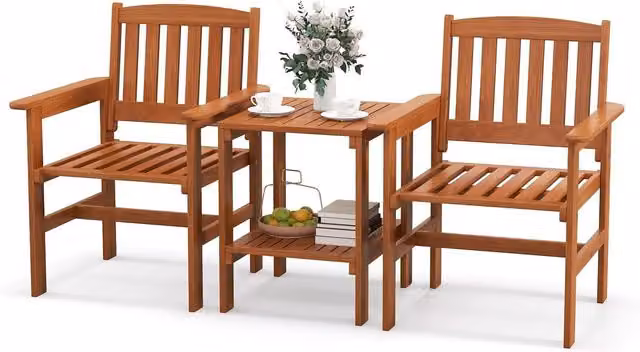 COSTWAY 3 Piece Brown Wood Patio Bistro Table and Chairs Set