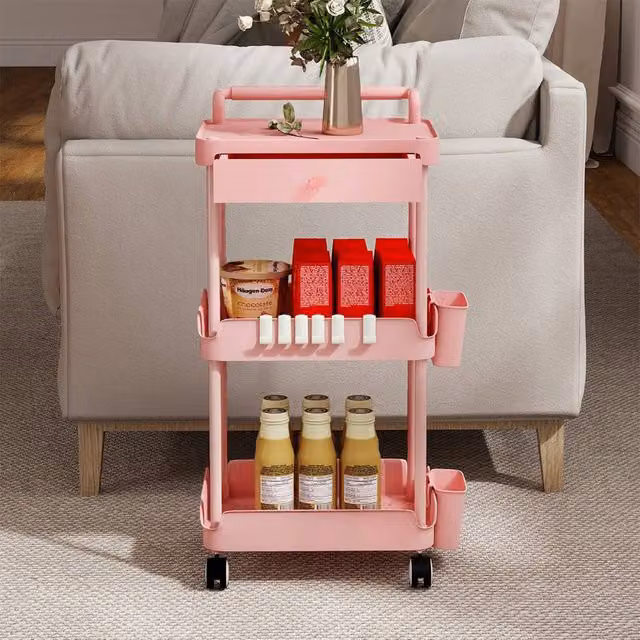 Levede 3 Tier Rolling Storage Trolley Cart in Pink – 1