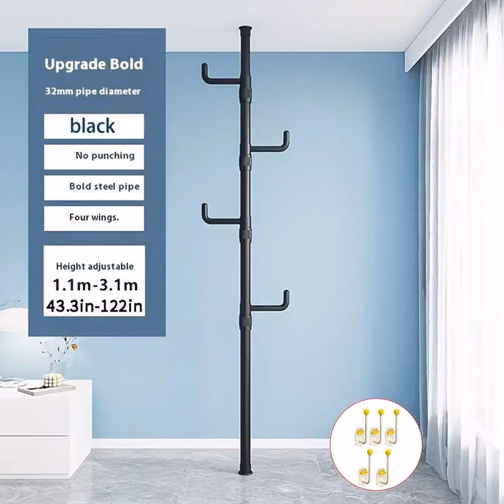 Ventryn Adjustable Black Tension Hanging Rail for Bathroom and Clothes Storage, 1.1-3.1 m – 2