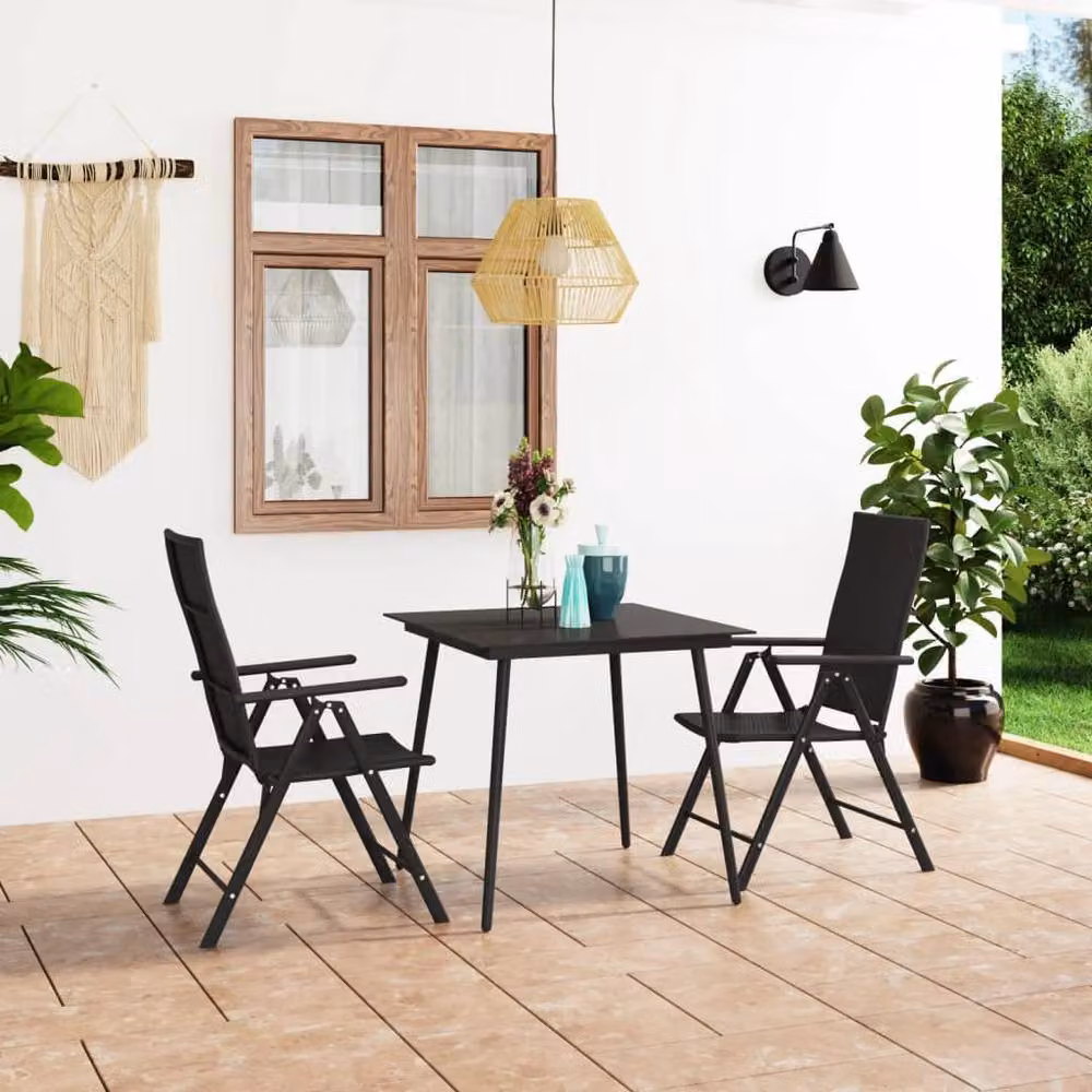 Berkfield Home 3 Piece Modern Garden Dining Set in Black Rattan and Metal with Glass Top – 2