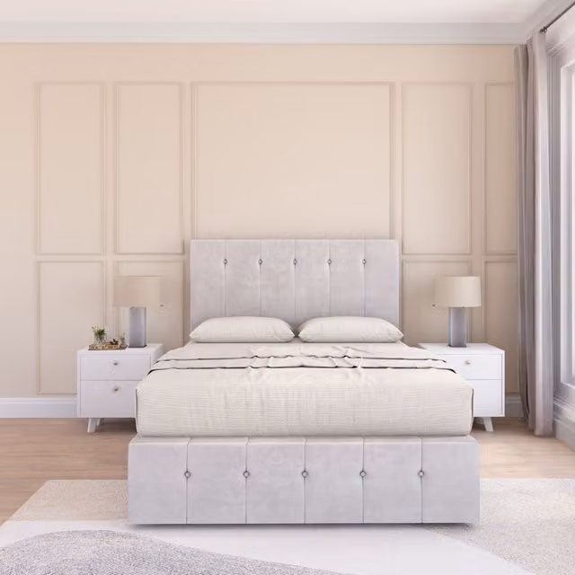 Sloomy Cambridge Double Divan Bed Set with Matching Footboard in Silver Plush Velvet, W/D/H: 140 x 200 cm