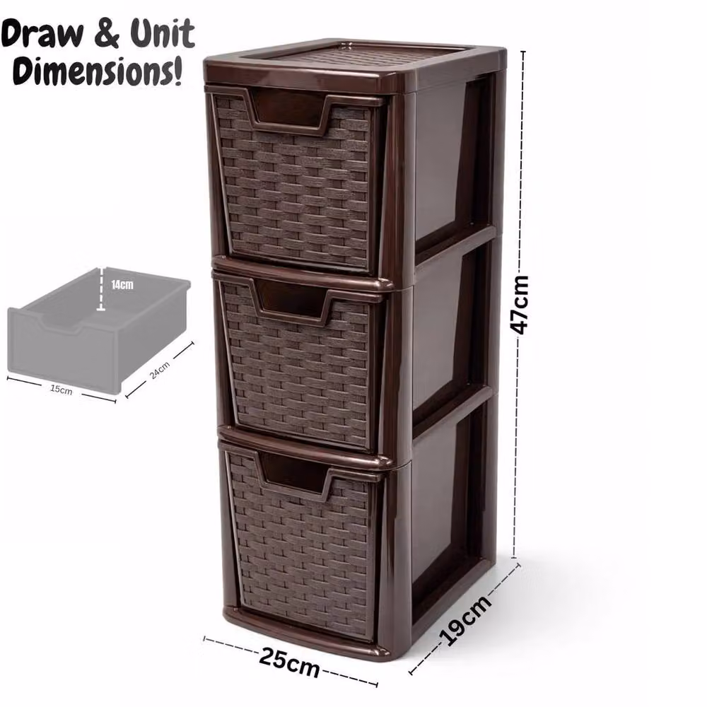 Kelvenix 3 Tier Rattan Style Plastic Storage Drawer Unit in Choco Brown – 2