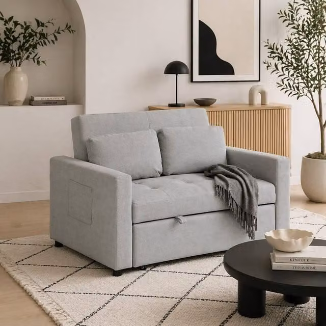 Wyld Haus Sedisa 2 Seater Convertible Click Clack Sofa Bed in Grey with Solid Wood Frame and Scatter Cushions – 1
